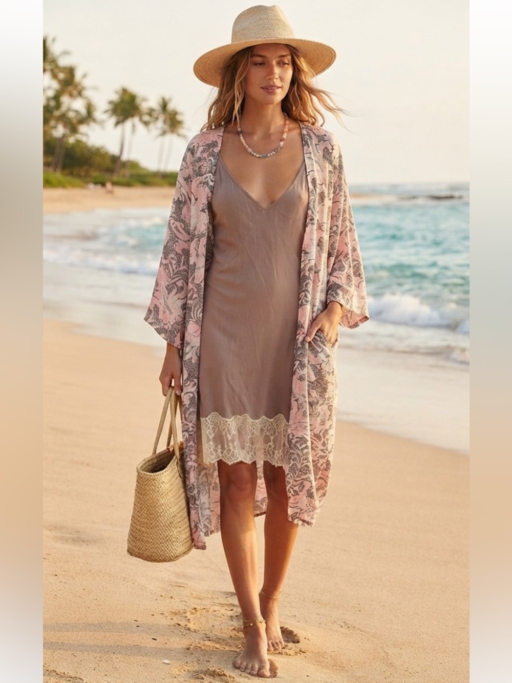 Wilfred Dusty Mauve Slip Dress with Kimono - Picture 1 of 10